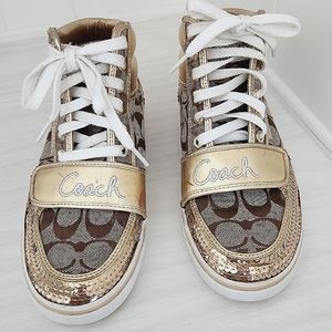 Coach Brown and Gold Signature High-Top Sneakers